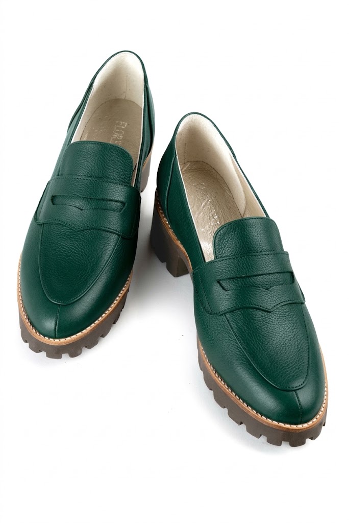 Women's forest green lug-sole loafers with round toe and chunky rubber lug sole - Top view